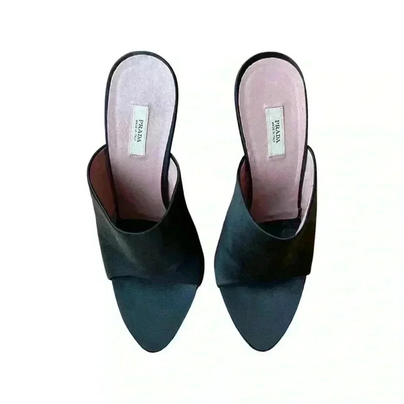 Black Prada Pointy Open Toe Satin Mule with clear heel size 37. - Picture 2 of 14